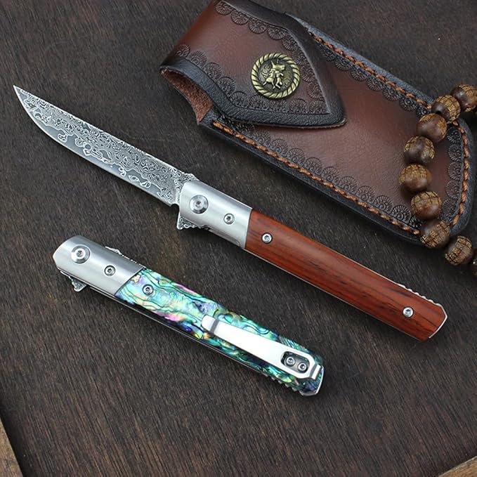 Damascus Steel Pocket Knife, Sharp VG10 Damascus Pocket Knife with Handmade Wood Handle, Leather Sheath, Ball Bearing, Liner Lock, Lightweight Damascus Folding Knife for EDC Men Women