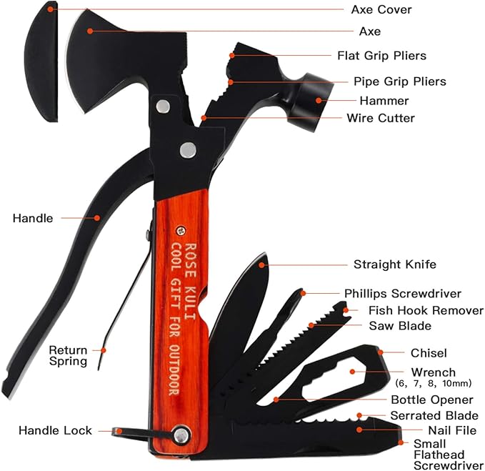Camping Accessories Multitool,18 in 1 Multitool Hatchet Gift for Men Women Multitool Camping Axe Hammer Saw Screwdrivers Pliers Birthday Gifts for Dad Husband Boyfriend