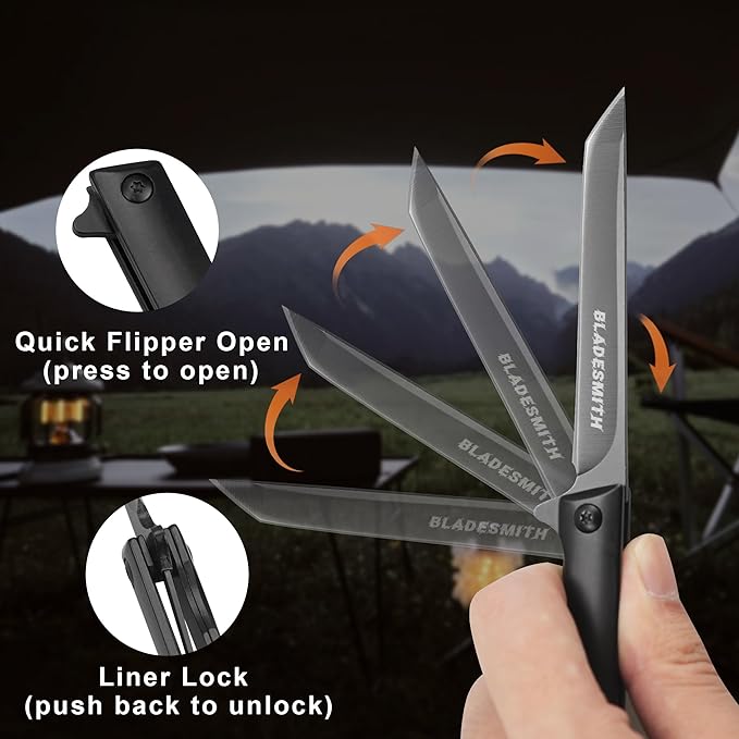 BLADESMITH Premium Pocket Knife with Quick Flipper Open, Durable Stainless Steel Blade, Sleek Black Handle, Easy One-Handed Operation, Portable and Compact, Ideal for Everyday Carry and Outdoor Use