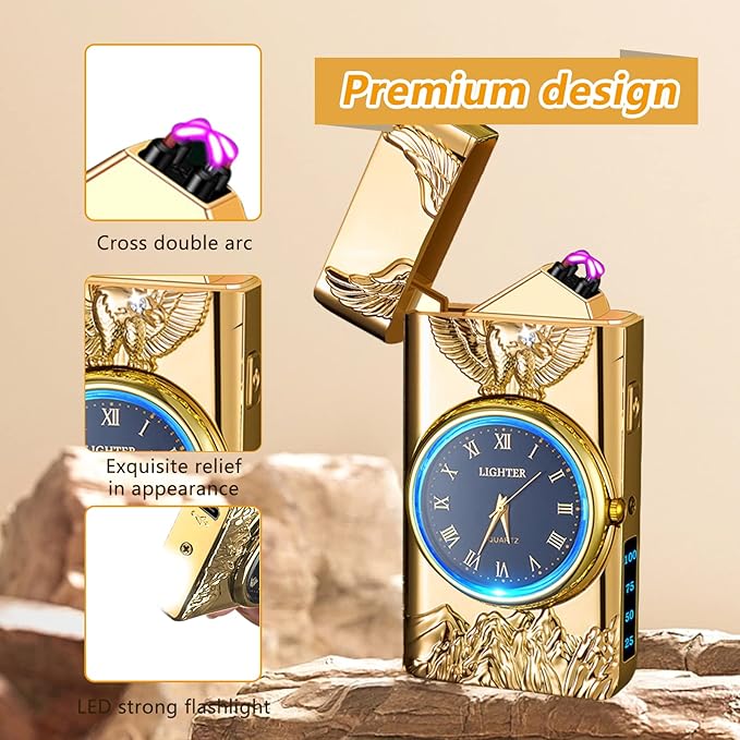 Plasma Lighter USB Rechargeable with led Display arc Lighter with Clock dial time Display Cool Lighter for Father's Day（Gold）