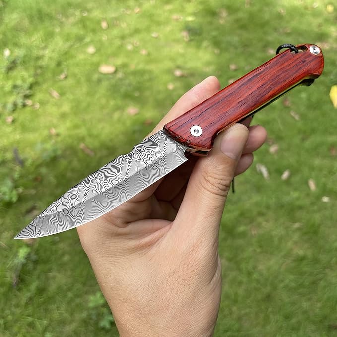 handmade japanese damascus steel blade folding knife tactical pocket knives rosewood handle edc knives with sheath for men