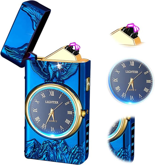Plasma Dual Arc Lighter Electric Lighter Rechargeable Windproof Flameless Lighter,Luxury Metal Lighters with Flashlight（Blue）