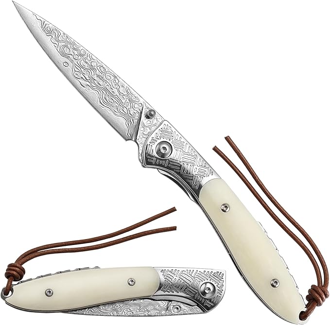 EDC Folding Pocket Knife,Handmade Damascus Steel Blade,Bone Handle Thumb Stud Knives for Men Hunting, Piscis Austrinus-02W