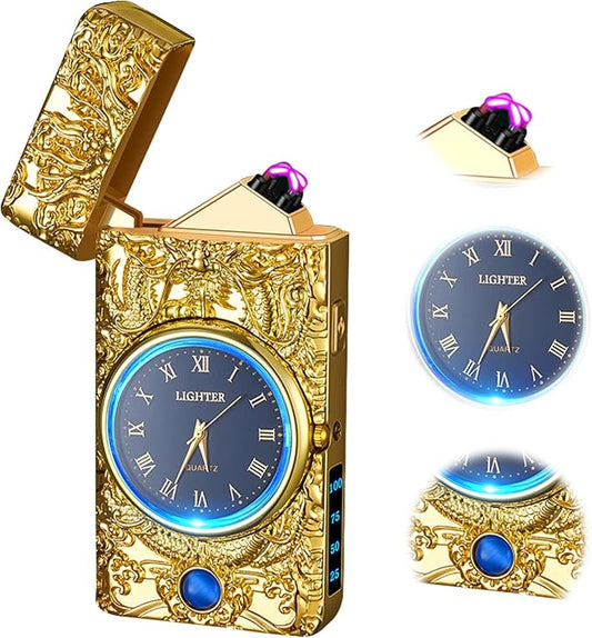 Lighter Multifunction with Led Display Arc Lighter Strong Windproof USB Rechargeable Lighter Fashion Luxury Metal Lighter with Clock Dial Suitable for Gifts(Gold)