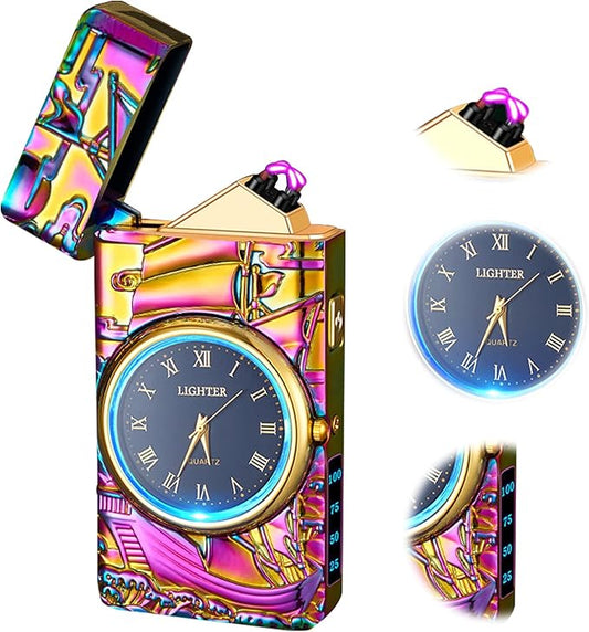 Plasma Lighters Electric Lighters Rechargeable Flameless Windproof Arc Lighter with Clock dial Vintage Cool Lighters for Candles, Incense, Outdoor, Camping (Color