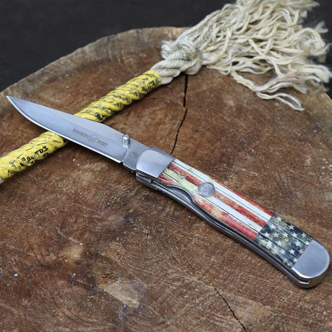 WHISKEY BENT HAT CO. Locking Trapper Folding Pocket Knife 4.125" Closed Length 440C Stainless Steel Blades (Patriot - Plain Edge)