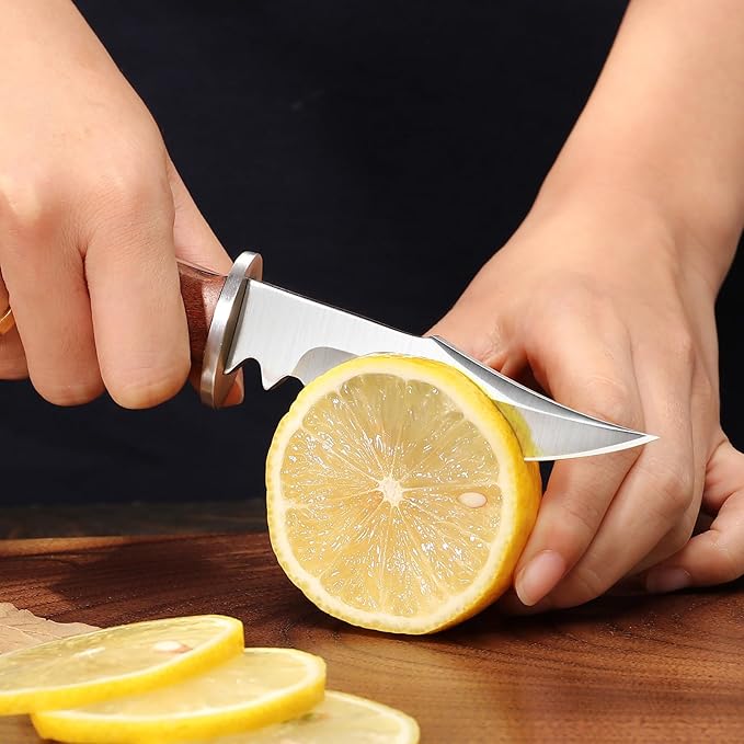 Compact fixed blade outdoor knife, 3.4 inch stainless steel fixed blade, with leather knife cover, brown wooden handle, suitable for EDC, outdoor, camping, hiking