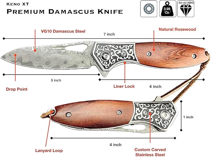 TACTICAL GEARZ Pocket Folding Knife w/Damascus Blade! Rosewood/Steel Handle, Includes Custom Stitched Leather Sheath! (Keno)