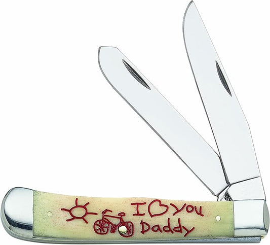 Case WR XX Pocket Knife I Love You Daddy W/Bike Oatmeal Smooth Bone Trapper Item #9230 - (6254 SS) - Length Closed: 4 1/8 Inches