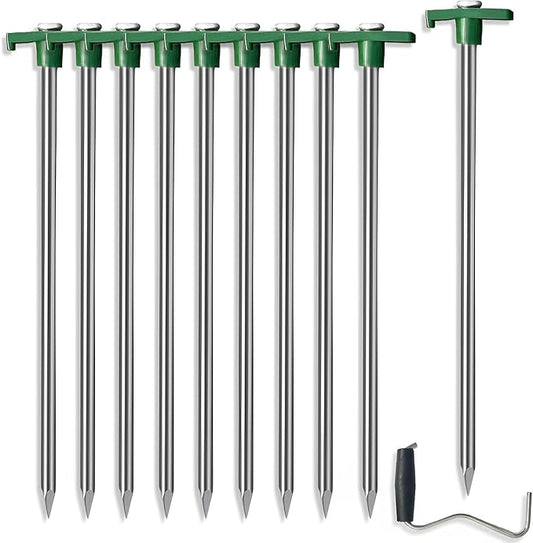 Cheardia 10 Pack Tent Stakes Heavy Duty, 10.25 Inch Yard Stakes Non-Rust Metal Tent Pegs Ground Stakes Tent Spikes for Decorations Camping Patio, Garden, Canopies, Grassland, Outdoor, Green