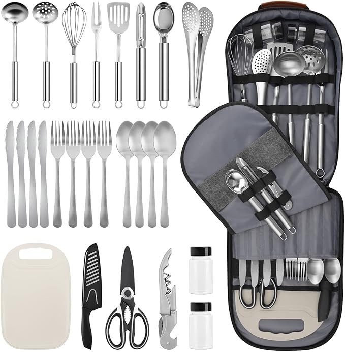 Extremus 27 Pcs Camp Kitchen Cooking Utensil Set Cookware Kit - Travel Organizer Grill Accessories Portable Compact Gear for Backpacking BBQ, Dark Gray Camo