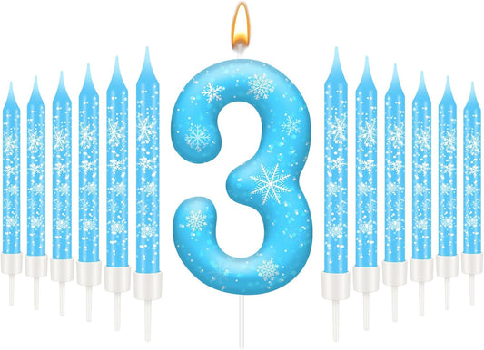 13PCS White and Blue Frozen Themed Party Birthday Candles Set - Blue Number Candles Snowflake Themed Decorations, Girls Party Supplies(Number 3)