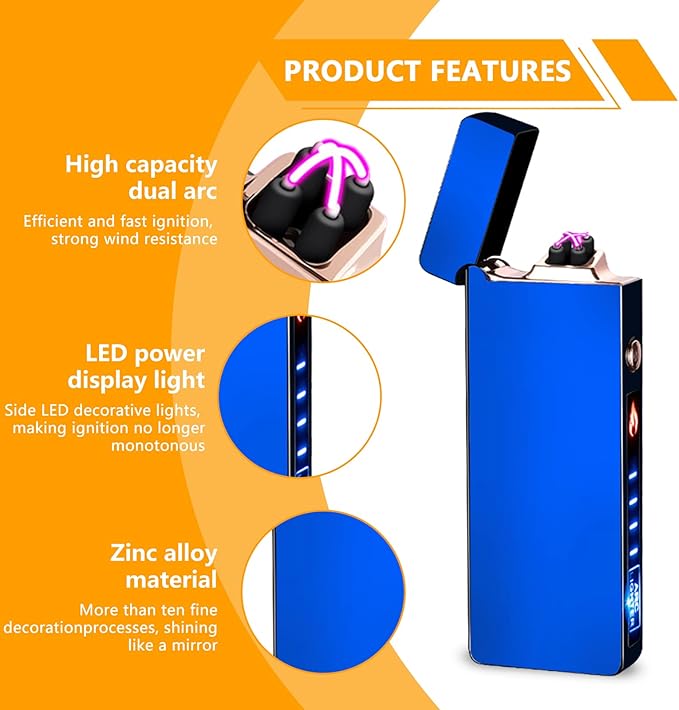 GADATOP Arc Lighter Rechargeable Windproof Flameless Electric Lighters for Outdoors Camping Hiking, Plasma Lighter with LED Battery Indicator and Gift Box (Blue)