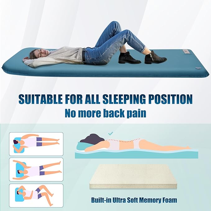 OUTSKIRT Sleeping Pad for Camping with Built-in Pump, Camping Mattress with Memory Foam, Easy to Inflate/Deflate Air Mattress for Camping and Other Outdoor Adventures, Blue