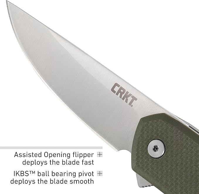 CRKT Tueto EDC Pocket Knife: Everyday Carry Utility Folder, Plain Edge Drop Point Blade with Liner Lock, Assisted Open, Bead Blast Finish, Olive Green G10 Handle 5325