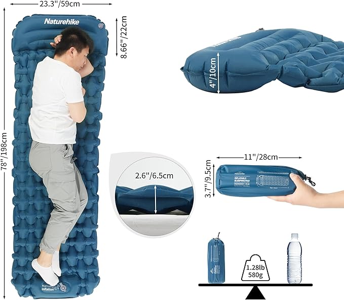 Naturehike Camping Sleeping Pad, Ultralight Inflatable Sleeping Mat with Pillow Built-in Pump, 2.6 Inch Lightweight Air Mattress for Backpacking, Hiking, Traveling, Blue