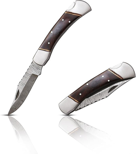 Capra Knives CK-42 Handcrafted Folding Pocket Knife 5” Folded, 9” Long Overall, 8oz Rose Wood Handle, Damascus Blade with Leather Sheath