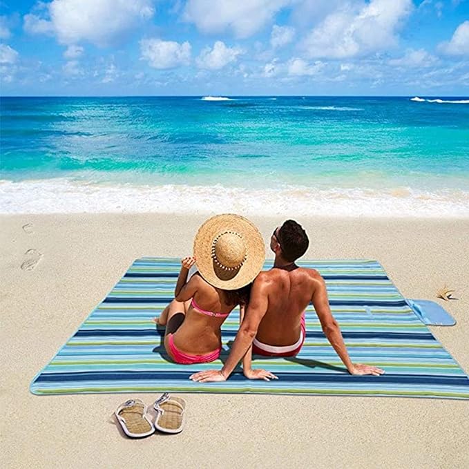 K Y KANGYUN Beach Blanket Outdoor Picnic Blanket Mat 80"x60" Extra Large Waterproof Sand Proof Camping Blanket Lightweight Folding Portable Travel Blanket for Family Park Beach Grass (Blue Line)