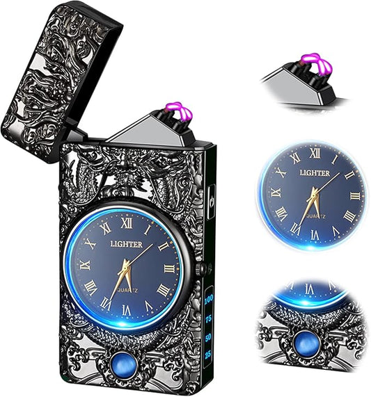 Plasma Lighter Dragon Lighter Windproof USB Rechargeable Electric Lighters Luxury Metal Lighter with Watch, Suitable for Gifts(Black)