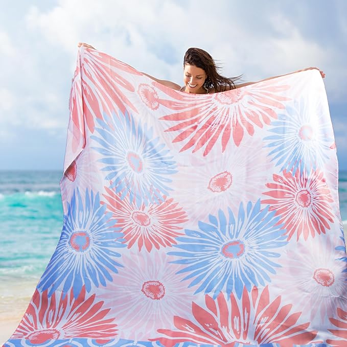 Airensky Beach Blanket, Sandproof Beach Mat 79" X 82" for 4-7 Adults, Large Waterproof Beach Blanket Lightweight Outdoor Blanket with 4 Stakes Beach Essential for Camping Travel Vacation(Pink Flowers)