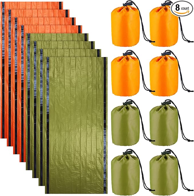 8 Pack Emergency Sleeping Bag Lightweight Thermal Survival Sleeping Bag Waterproof Emergency Blankets Portable Bivy Sack Survival Gear for Outdoor Camping Hiking Adventure, Green and Orange