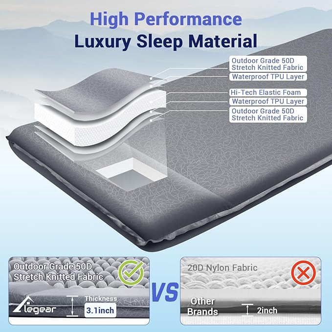 Elegear Self Inflating Camping Sleeping Pad, 3.1'' Ultra Thick Memory Foam Camping Pad with Pillow, 20s Fast Inflating 9.5 R-Value Insulated 4-Season Camping Mattress Pad for Camping/Travel/Tent/Car