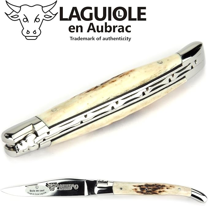 Laguiole en Aubrac Handmade Knife 11 cm L0211BCIFI Deer Horn Handle, Blade and bolsters Stainless Steel Shiny