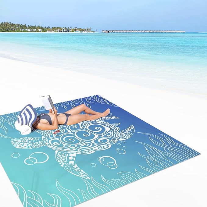 Beach Blanket, Large Waterproof Sandproof Beach Mat 78''×86'' 4 Adults, Lightweight Portable Sand Free Outdoor Beach Accessories with 4 Stakes for Picnic, Travel, Camping - Blue Gradient Sea Turtle