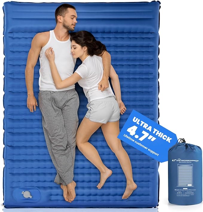 Double Sleeping Pad, 4.7“ Ultra-Thick Camping Mattress 2 Person for Backpacking, Hiking(Blue)