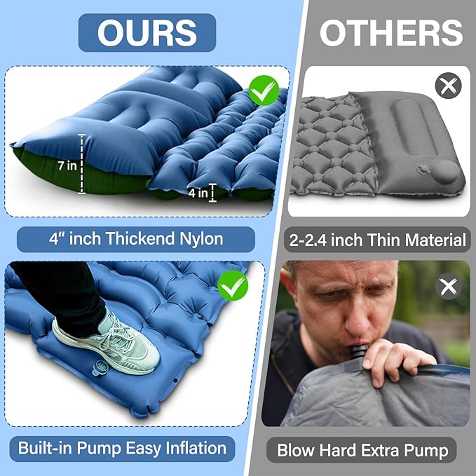 Double Sleeping Pad - Self Inflating Sleeping Mat 4" Extra-Thick for 2 Person with Pillow Built-in Foot Pump Camping Pad for Backpacking, Hiking, Traveling, Tent, Portable Camping Mat