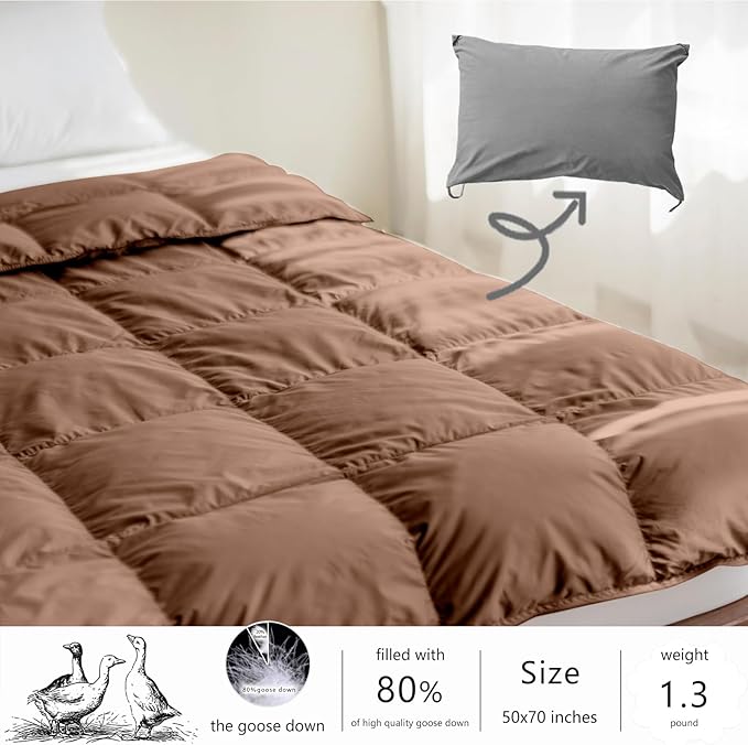 Soft Down Blanket Fluffy Lightweight Warm, Compact Portable Travel Throw Camping Blanket & Pillow Cushion, Airplane Train Beach Glamping Indoor Outdoor, 800 Fill Power 50x70’’ Brown