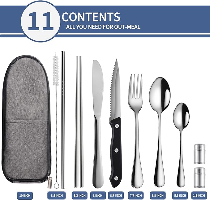 Portable Travel Utensils Set,Reusable Utensils,Travel Camping Cutlery Set,Stainless Steel Flatware Set with Case,Lunch Boxes Workplace Camping School Picnic (Sivler)