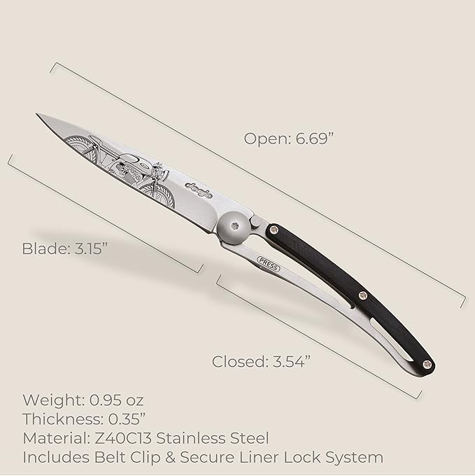 deejo - 0.9 OZ, Titanium, Ebony, Café Racer - Ultra-Light Pocket Folding Knife with a Belt Clip - Z40C13 Stainless Steel