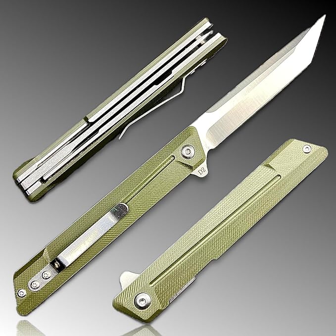 TACTICAL GEARZ EDC Pocket Folding Knife with G10 Handle - Tanto D2 Steel Blade (Nyx ST Olive)