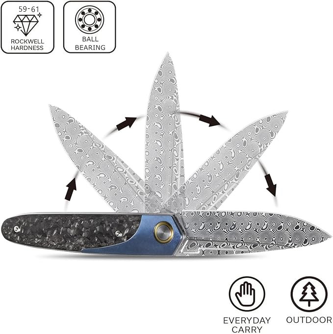 Sitivien ST245 Damascus Steel Folding Knives with Liner Lock, Ball Bearing,Titanium Carbon Fiber Handle EDC Damascus Knife for Men Women(Blue) … …