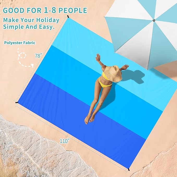 BYDOLL Beach Blanket Sandproof Waterproof 78''×110''1-7 Adults Compact Lightweight Oversized Beach Blanket Large Picnic Mat Beach Blanket for Travel Camping Hiking Picnic