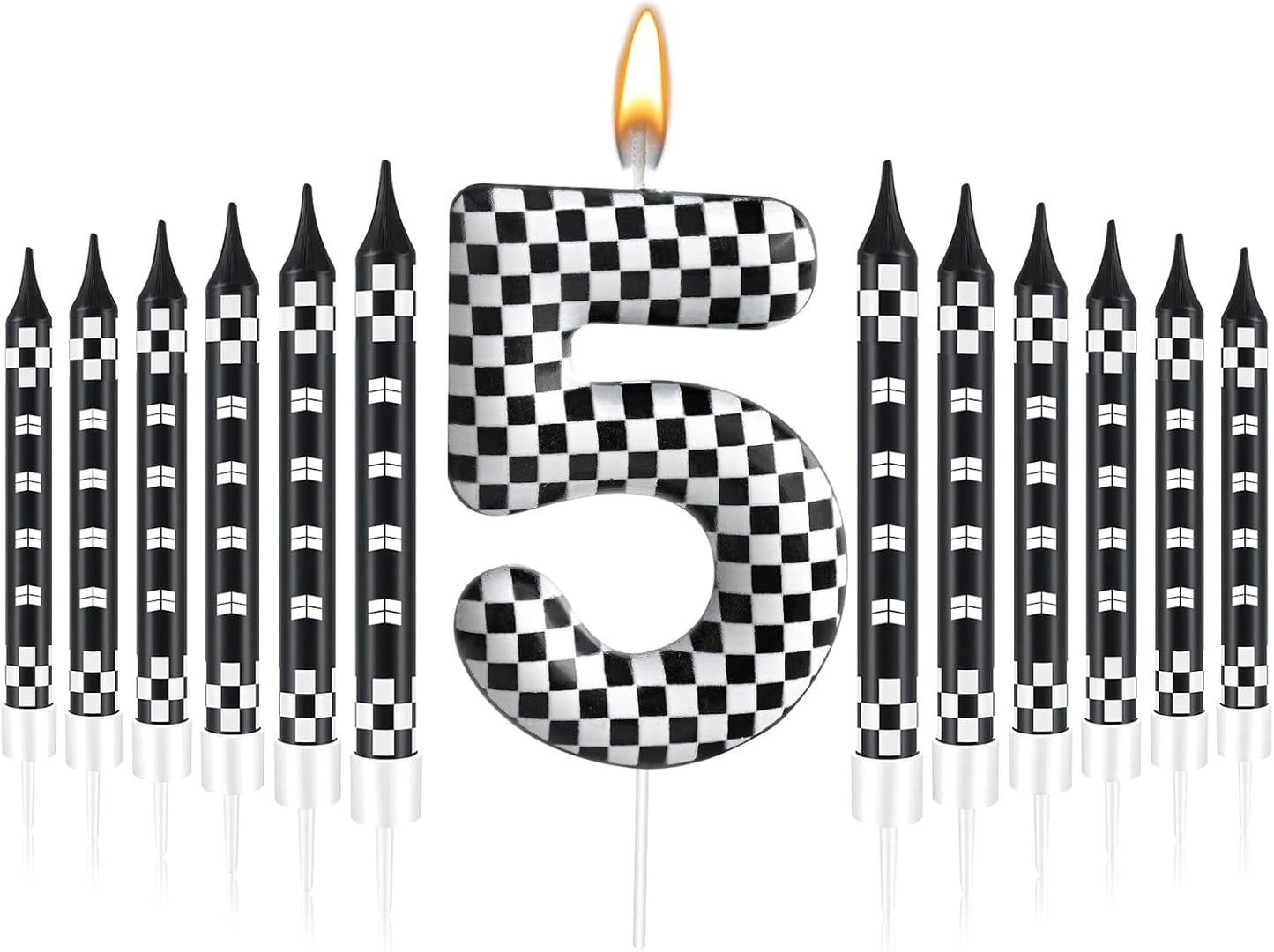 13 Pcs Racing Cars Themed Birthday Candles Black and White Race Number 5 Checkered Candle Cake Topper for Racing Car Party Decoration Supplies (Number 5)