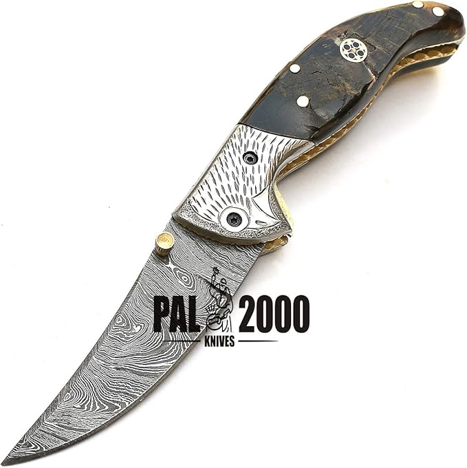 PAL 2000 KNIVES POC-9150 Custom Handmade Damascus Steel Folding Knife With Sheath