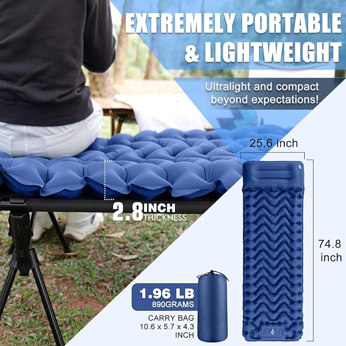 Camping Sleeping Pad, Inflatable Sleeping Mat with Pillow Built-in Foot Pump, Super Comfort Camping Mattress for Backpacking Hiking Traveling Tent, Compact & Lightweight