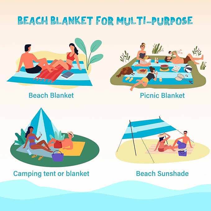 Beach Blanket Waterproof Sandproof 1-7 Adult Oversized 78 '' × 81 '' Lightweight Durable Compact Sand Free Beach Mat for Travel Camping Hiking Picnic Blanket