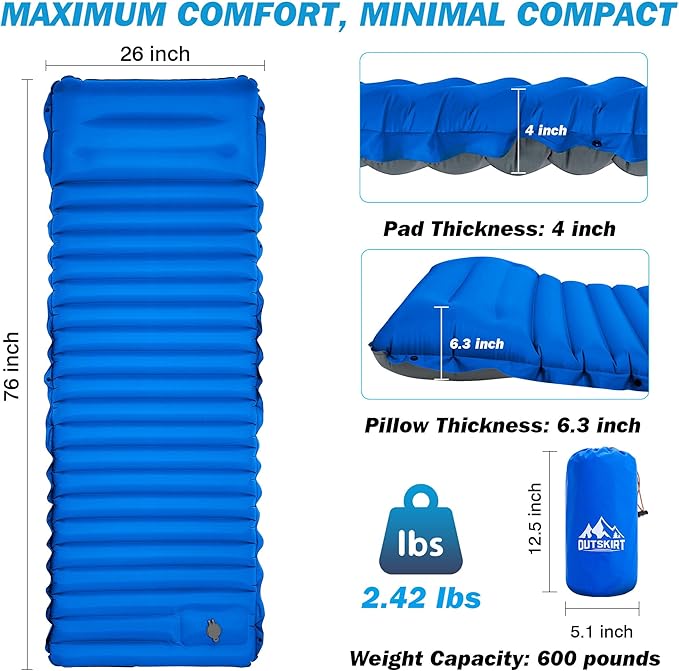 OUTSKIRT 4" Thickness Sleeping Pad with Built-in Foot Pump, Lightweight & Ultra-Comfort Camping Pads - Perfect for Camping, Hiking, Backpacking & Outdoor Adventures, Blue