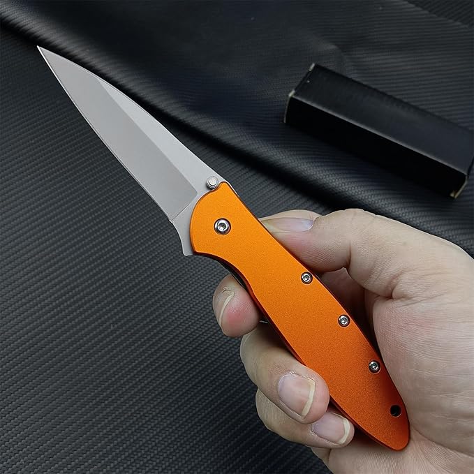 Outdoor Orange Pocketknife, 3" Bead Blast Plain Blade, Stainless Steel Handle, Dual Lock System, Tactical Hunting Folding Knife For Men Women
