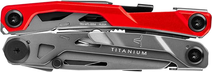 True Utility TI Locking Pocket Multi-Tool, 8-in-1 Tool kit, Titanium Nitride Frame, All-in-One EDC Asset for Camping, Hunting, Fishing, and Hiking, Silver/Red, One Size
