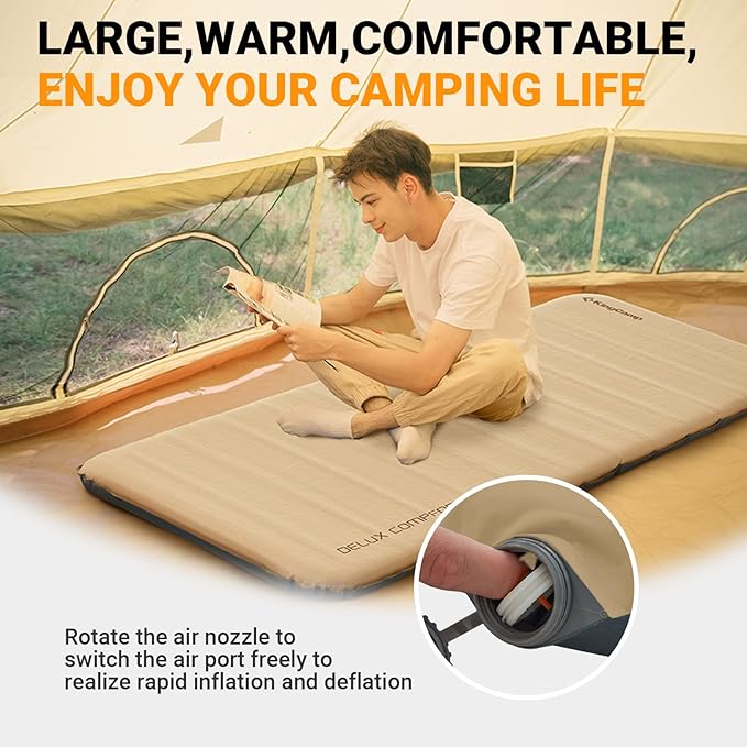 KingCamp Self Inflating Camping Sleeping Pad, 3 INCH Ultra Thick 6.1 R Warm Soft Single Foam Air Mattress for Travel Hiking Tentads for Tent Cot Traveling and Hiking, Multicolor