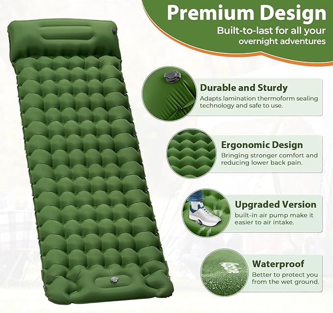 Sleeping Pad for Camping Large,79×28×4"Inflatable Camping Pad Built-in Foot Pump and Pillow,Single Camping Air Mattress,Ultralight & Portable Camping Mattress Sleeping Pad for Hiking,Tent,Army Green