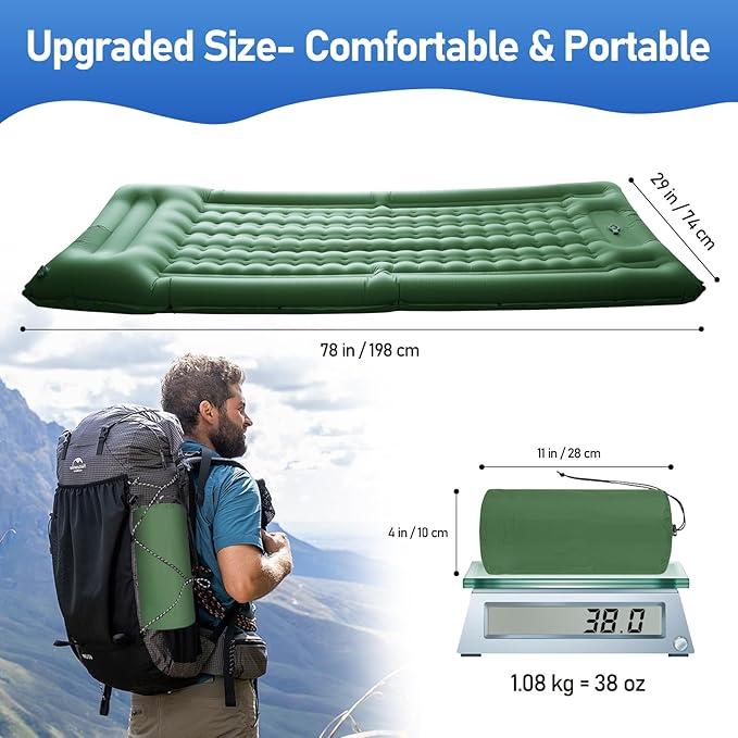 Camping Mattress Extra Thick 5in, Sleeping Pad for Camping with Pillow, Single Backpacking Camping Mat Built-in Pump, Self Inflating Sleeping Pad, Sleep Mat Holds 440 lbs, 40D Nylon, Repair Kit