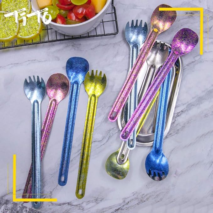 TiTo Titanium Long Handle Spork and Spoon Eco-Friendly Ultralight Portabale Flatware for Outdoor Camping Backpacking Hiking Travel Picnic Tableware with Bag(Bright Colorful Spoon)