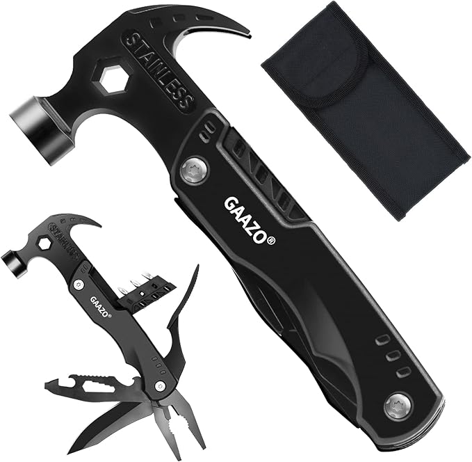 Multitool Camping Accessories, Stocking Stuffers for Men and Women, 12 in 1 Claw Hammer with Pliers Knife Saw Screwdrivers Bottle Opener Survival Gear for Camping Hiking Outdoor activities(Black)