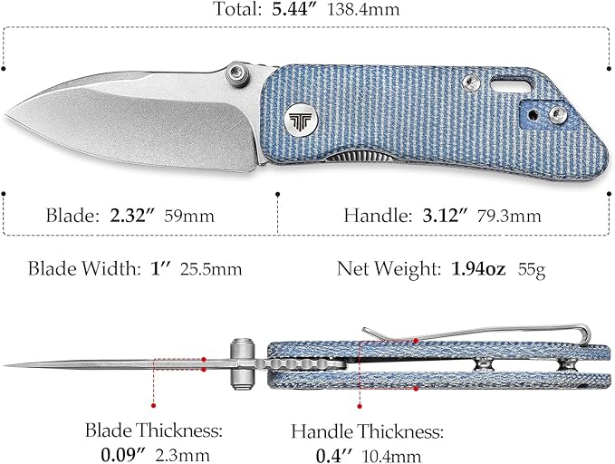 Mini Pocket EDC Knife for Men, 2.32" 14C28N Blade Small Folding Knife with Reversible Deep Carry Clip，Thumb Stud Opener，Ceramic Bearings，Micarta Handle， Bootes-04L