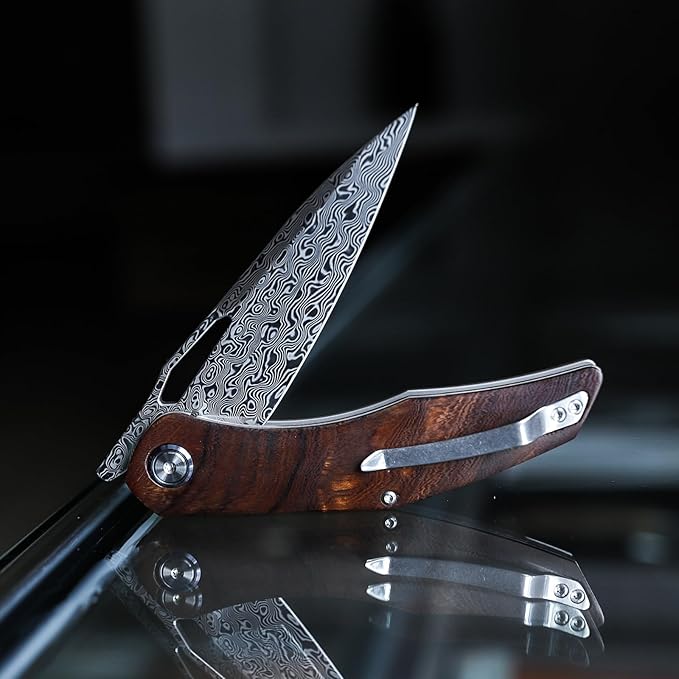 Handmade Pocket Knife,3.62'' 110 Layers Damascus Steel Blade,Front Flipper Wood Handle with Clip,Folding EDC for Men Outdoor Hunting Camping Hiking,Taurus-01i